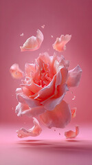 Floating pink rose petals surrounding a blooming flower against a pink backdrop
