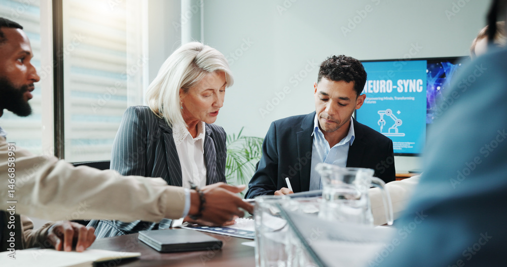 Aufkleber business, people and reading proposal in office for planning, neuroscience and innovation ideas. man