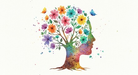 Blooming Mind: A Watercolor Portrait - A watercolor painting of a woman's profile with a vibrant flowering tree inside her head, symbolizing growth, inner beauty, and mental wellbeing