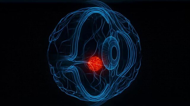 Futuristic 3D view of human eye anatomy with red-highlighted optic nerve tumor