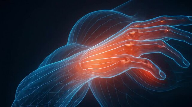 Futuristic view of arm muscles showing multiple inflammation zones in red.
