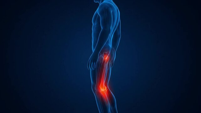 Transparent full-body illustration showing inflammation in hip and knee joints.
