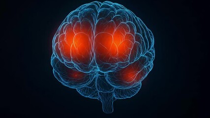 Human brain rendered in blue wireframe with multiple red pain zones. - Powered by Adobe