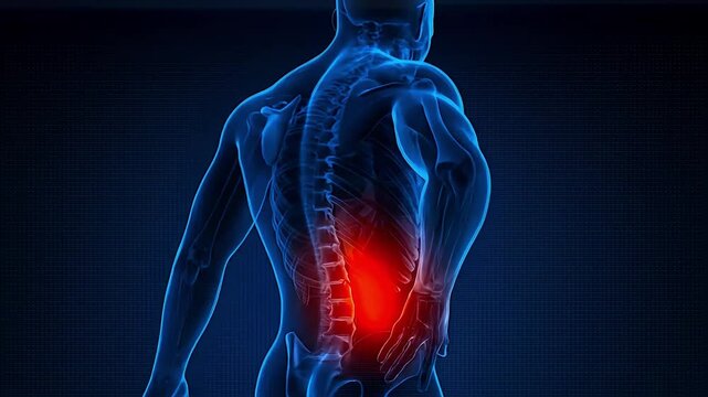Medical 3D visualization of back pain located in the lumbar region.