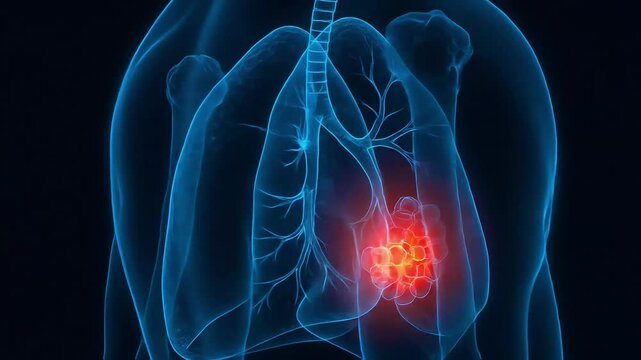3D wireframe illustration of lungs showing red-highlighted cancerous growth.