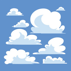 Cartoon style white clouds isolated on a blue background.