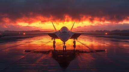 Stealth fighter jet on runway at sunset