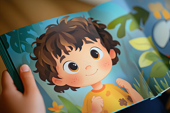 close-up of personalized children’s book page with cartoon character resembling real child, colorful illustrations and custom name shown 