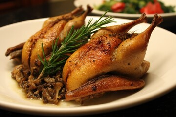 Roasted quail with wild mushroom stuffing --ar 3:2 --v 7 Job ID: cc4587da-c02b-4fdc-a71b-313f0cd30b5e