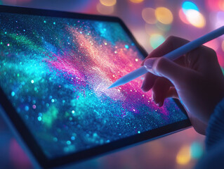 conceptual image of person creating logo using AI branding tool on tablet, brand preview on screen with clean and modern palette layout 