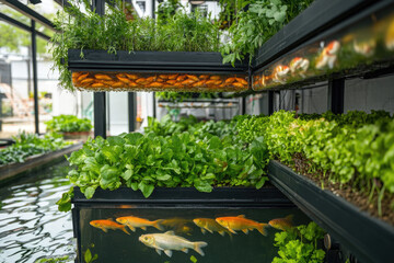 indoor aquaponics setup in modern home showing fish tank below and green leafy vegetables above, eco-friendly farming at small scale 