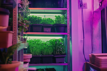 indoor photo of microgreen farm in small urban space, vertical hydroponic shelves growing leafy greens under LED lights, clean environment 