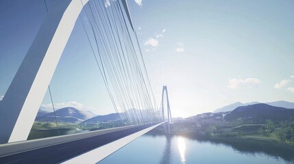 Fototapeta premium A pristine white arch bridge crossing a vast river, cable supports radiating gracefully under the brilliant sunlight of a clear day. 