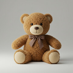 Obraz premium A brown teddy bear with a brown striped bow, seated in a neutral studio setting. Children's toy with a simple, classic design. Generic toy for online retail/gift shop -