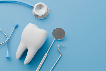 overhead view of tooth and dental tools. detal heath care and medical.