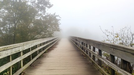 A quiet, fog-covered bridge stretching into a white void, its rails and path fading softly into the mysterious mist ahead. 