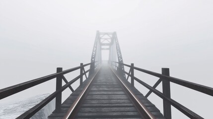 A quiet, fog-covered bridge stretching into a white void, its rails and path fading softly into the mysterious mist ahead. 