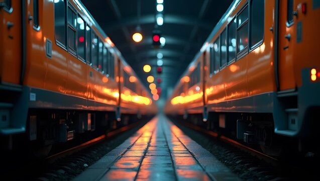 Illuminated Metro Station with Parallel Train Tracks and Modern Subway Cars, Evoking Urban Transit and Commuting, Red Train Engines on Wet Railway Tracks at Night