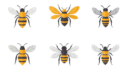 Illustration of colorful bees in various positions.