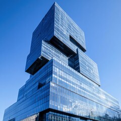 Obraz premium Modern architecture low angle view of glass skyscraper against clear blue sky in urban business district downtown