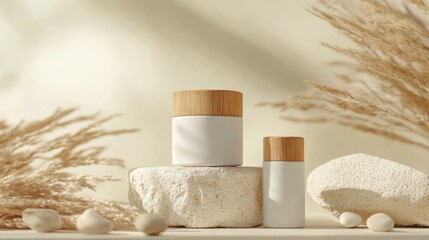 Subtle luxury ad featuring matte cosmetic bottles with wooden caps on textured ivory stone and soft gradient background evoking calm and purity.