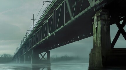 Fototapeta premium A railway bridge crossing a wide river, its tracks elevated by sturdy steel beams, with soft ripples in the water below. 