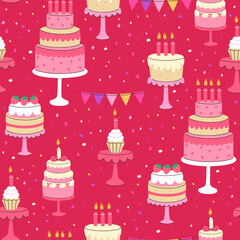 Seamless pattern with birthday cakes and cupcakes on a red background. Vector graphics.