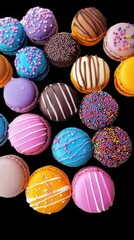 Obraz premium Assorted colorful macarons on black background