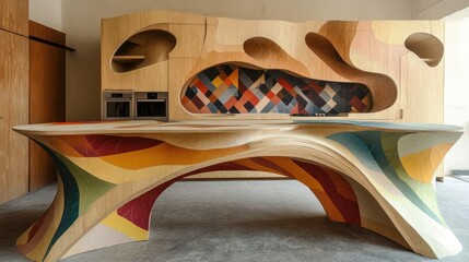 Abstract wood kitchen island, colorful design, modern interior, concrete floor, home decor