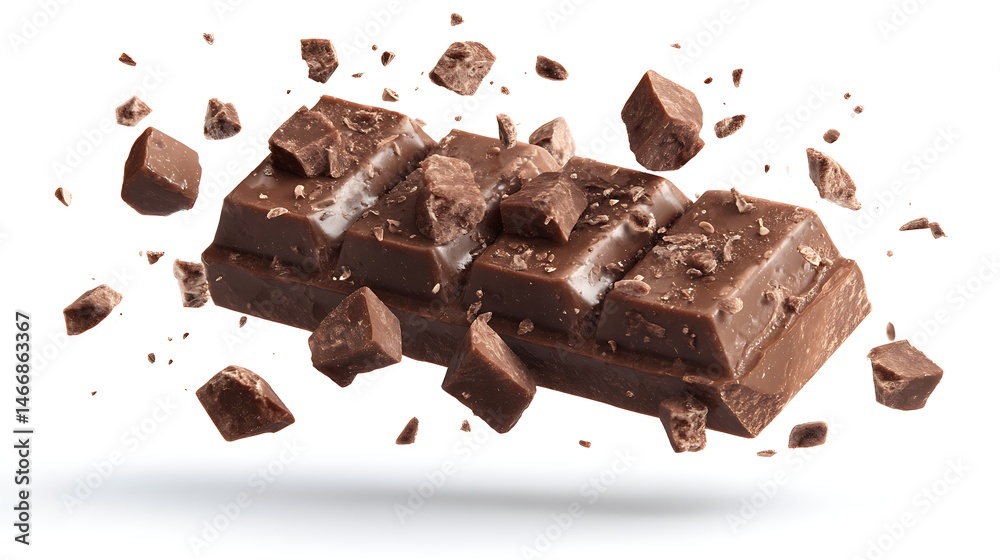 Poster Broken chocolate bar floating in the air with chunks floating in the air isolated on white or