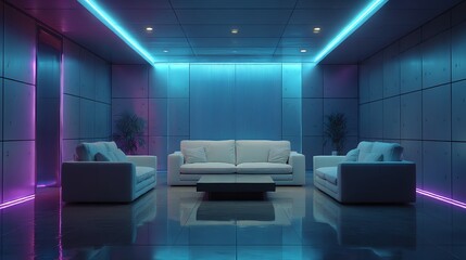 A futuristic living room design with neon highlights, sleek metallic surfaces, and ambient reflections, perfect for cyberpunk and modern cinematic vlogs.