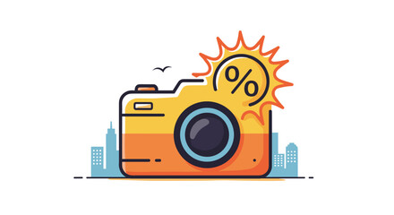 Good summer sale. Illustration of a camera with a sun emblem against a city skyline