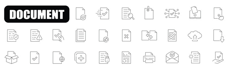 Document related line icons including file page form report search list cloud download upload and more outlined on transparency background modern and minimal style