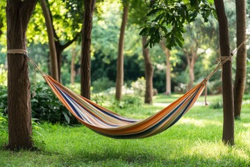 Hammock strung between trees in a park for relaxation and leisure uses