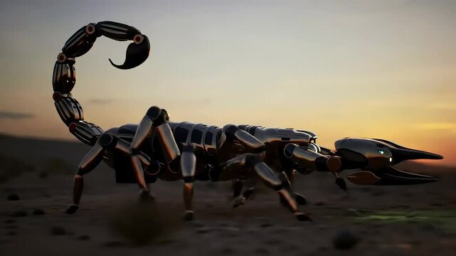 High-tech robotic scorpion crawling on sand with lifelike movements in the sunset