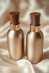 Naklejka premium Vertical frame focused on two luxurious matte bottles, wood pumps facing forward, placed on a cream tabletop