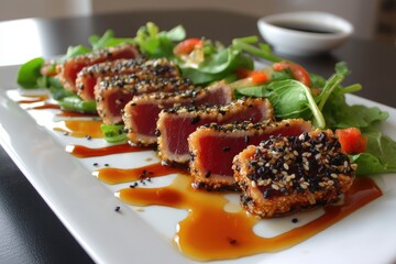 Seared tuna tataki with ponzu dressing --ar 3:2 --v 7 Job ID: 3b9c8fb6-3aff-4b75-ac80-9c8a7de1f6b1
