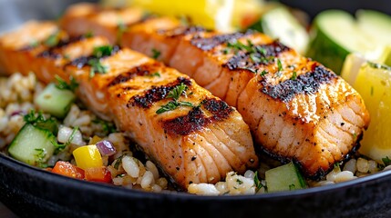 Grilled Salmon with Rice and Vegetables a Delicious Meal
