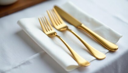 Elegant gold cutlery set on a white tablecloth, tabletop, catering, high-end