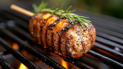 Grilling Delicious Meat Roll with Rosemary on Grill