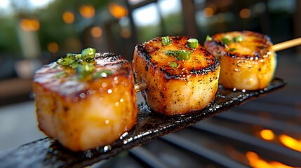 Grilling Fresh Scallops on Skewer for Gourmet Seafood Meal