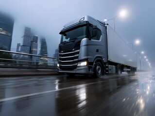 Modern truck on a rainy city street (1)