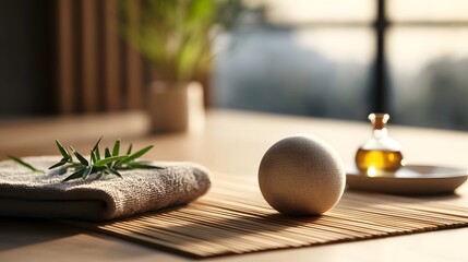 Serene Spa Setting Relaxing Beige Ball Aromatherapy Towel and Essential Oil