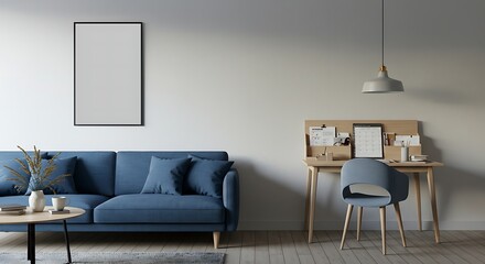 Modern Living Room Interior Design with Blue Sofa and Desk Setup