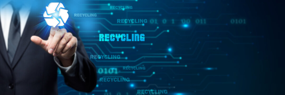 Businessman interacts with glowing recycling symbol in a digital, futuristic environment, representing sustainable technology and environmental innovation... - Powered by Adobe