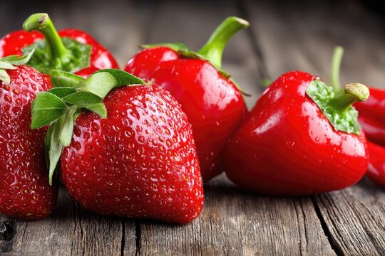 Fresh strawberries and red peppers on a rustic wooden surface