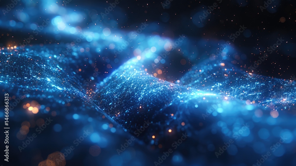 Poster abstract picture micro light sparkling particle represent data flow vivid flowing wave with high tec