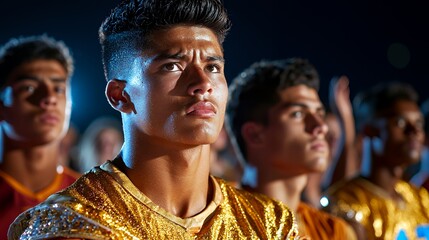 Group of Young Men Looking Upward at Night Dramatic Lighting