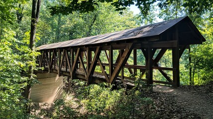 A rustic wooden bridge spanning a forest trail, its structure framed by dense trees and a canopy of leaves filtering the light 