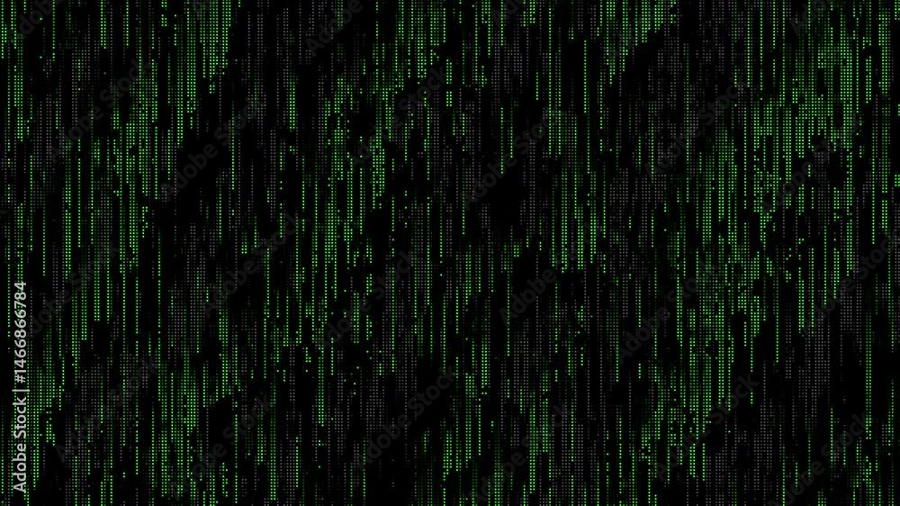 Poster Green matrix abstract dots raining binary code without symbols and characters. Black background. Abstract halftone loop animation